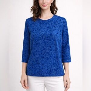 Rachel Mara 100% Silk Blue Print 3/4 Sleeve Blouse Top